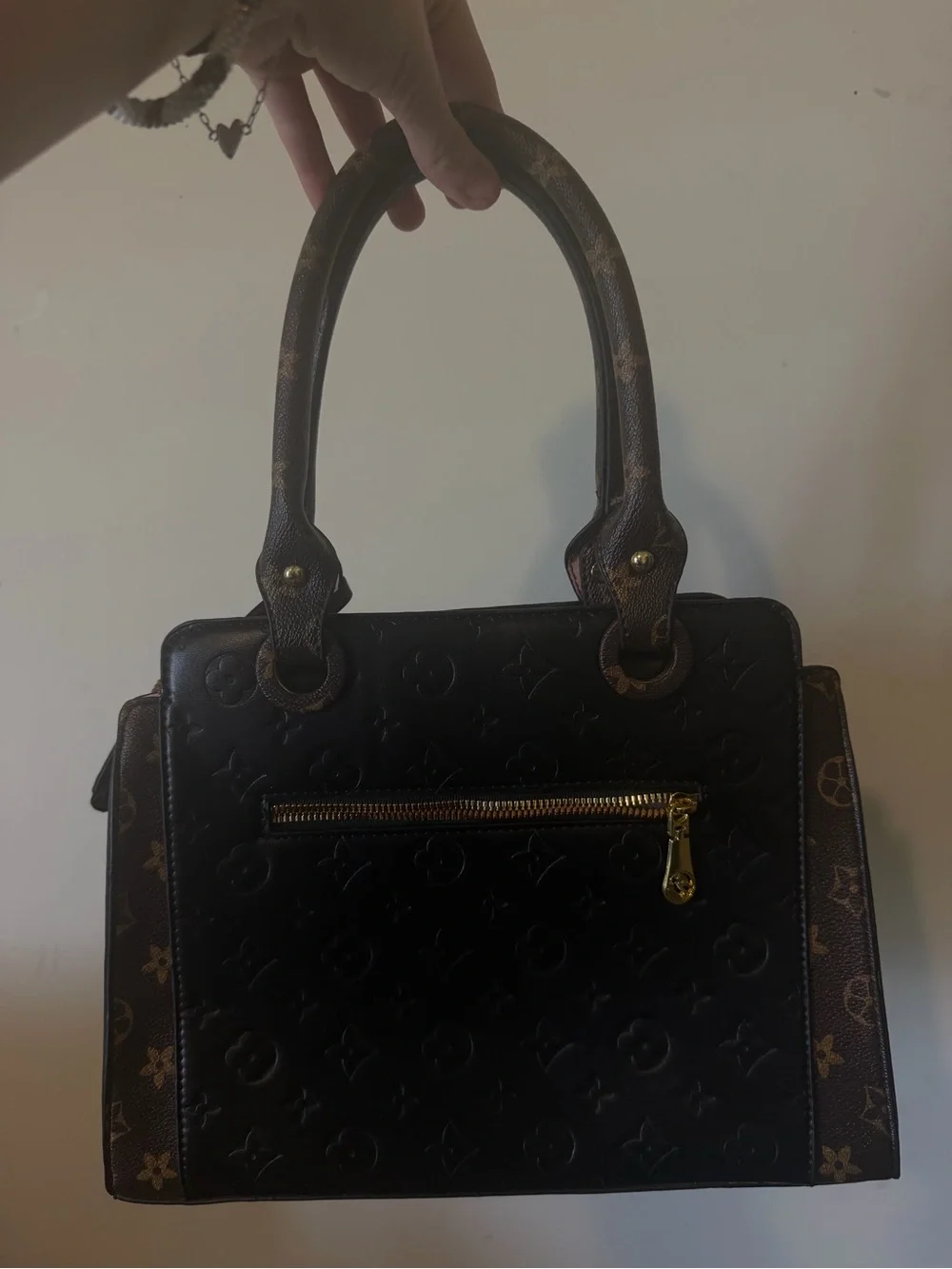 Black Embossed Leather Satchel Handbag with small wallet